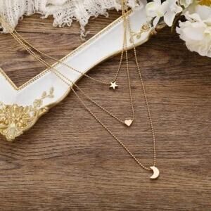 NEW Boho Star Heart Moon Layered Multi Strand Dainty Chain Necklace Gold A0107